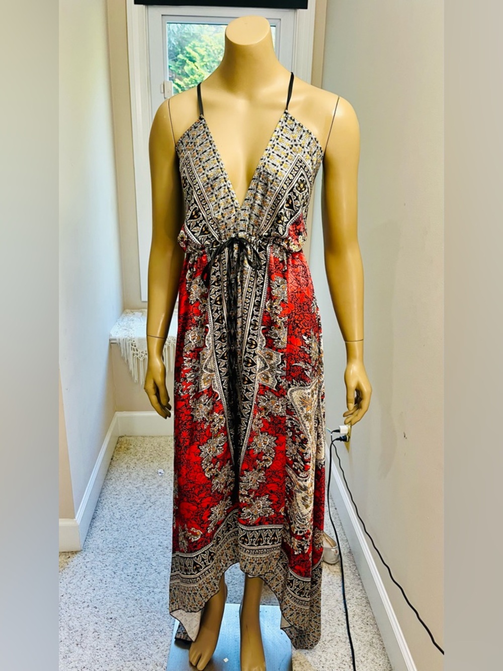 Sakkas Halter Maxi Dress With Handkerchief Hemline, In Red With Bl/W/ Design.